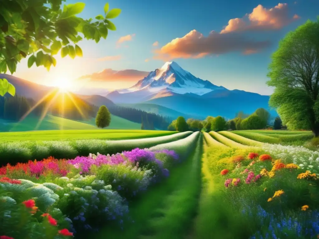 Paisaje verde con flores y montañas Campo verde con flores vibrantes y montañas nevadas: Cursos de inversión a largo plazo