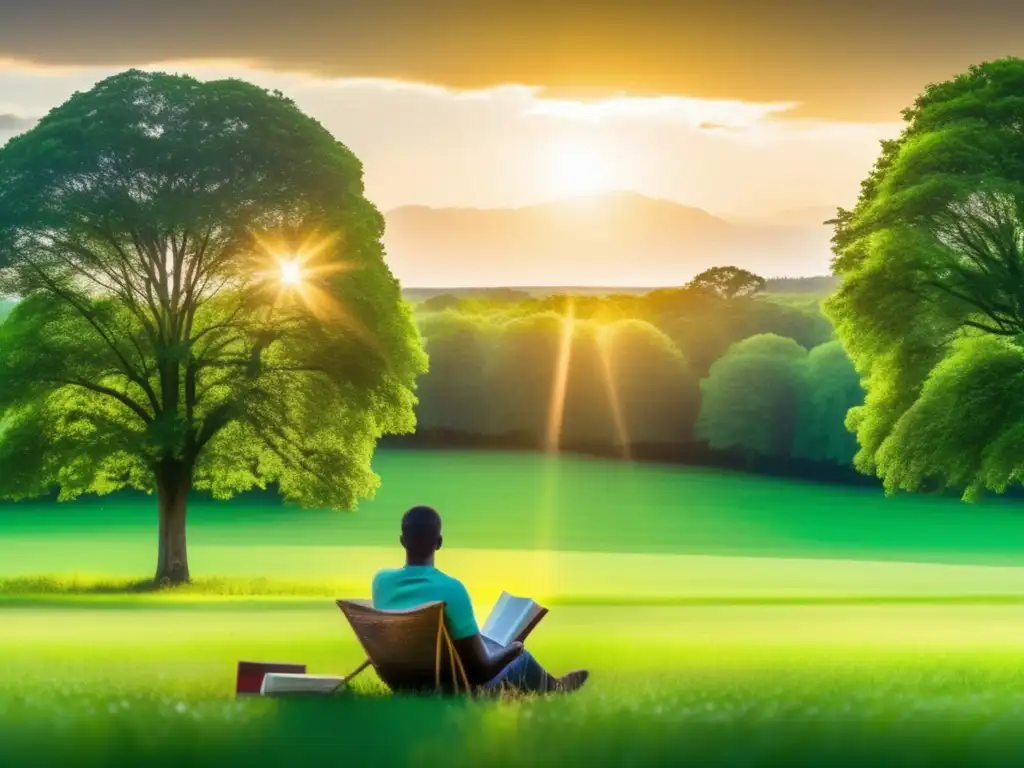 Paisaje relajante y libro de inversiones Campo verde infinito con árboles majestuosos, luz cálida filtrándose entre ramas, persona leyendo