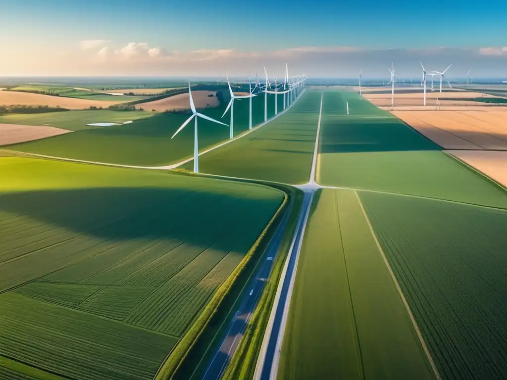 Energía renovable: campos verdes y molinos de viento Un campo verde lleno de aerogeneradores blancos, girando graciosamente bajo el cielo azul