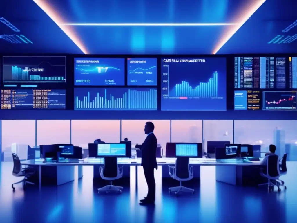 Éxito en trading algorítmico con gestión de capital eficiente Gestión de capital en trading algorítmico: Futuro trading floor eficiente y exitoso, con traders profesionales y confiados