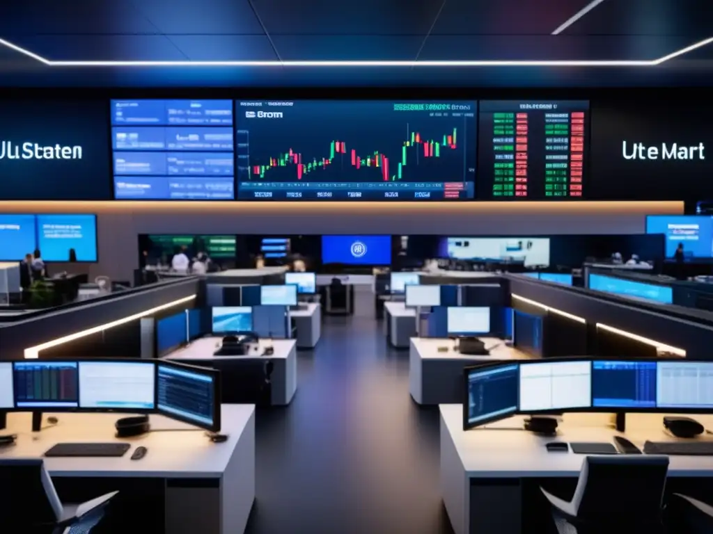 Moderna sala de trading con tecnología de vanguardia Gestión de capital en trading algorítmico: Sala de trading ultradetallada, moderna y elegante con tecnología de vanguardia