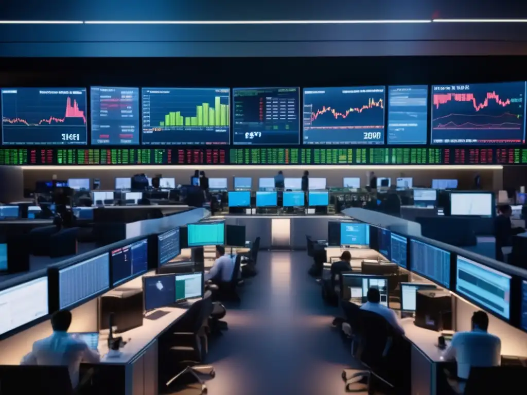 Trading floor moderno y sofisticado Captura de pantalla: Trading floor con traders monitoreando datos en tiempo real, creando cadena de reacciones en mercados