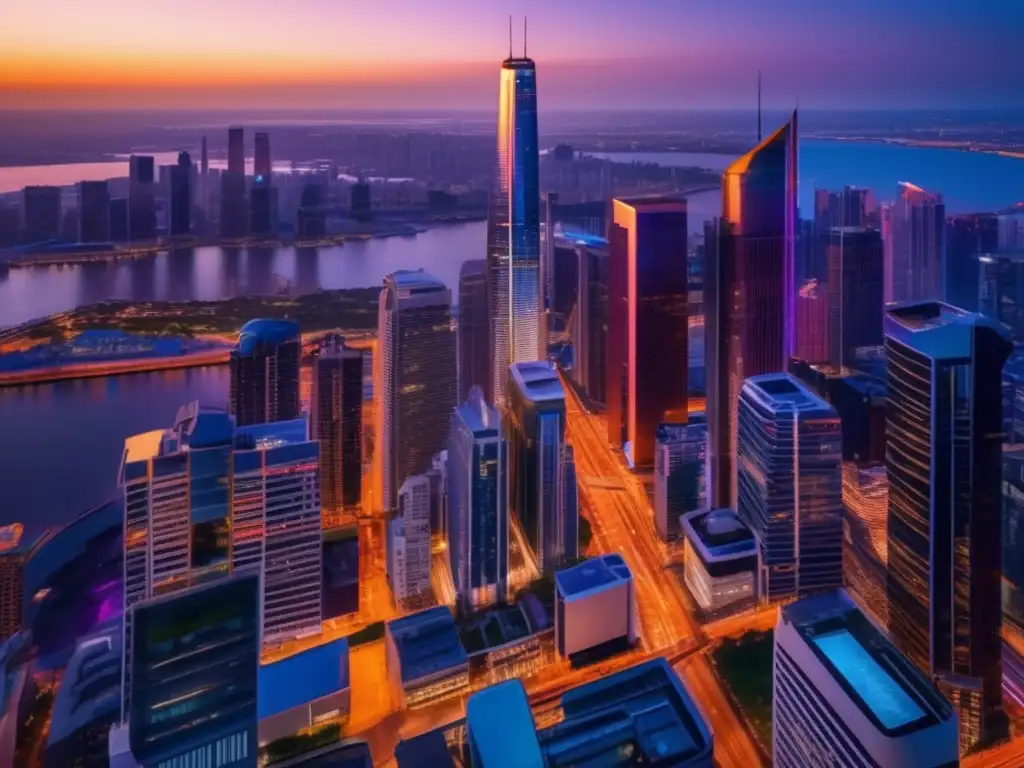 Ciudad moderna iluminada al atardecer Carga fiscal inversiones inmobiliarias: Ciudad moderna y vibrante al atardecer, con rascacielos iluminados y detalle en arquitectura