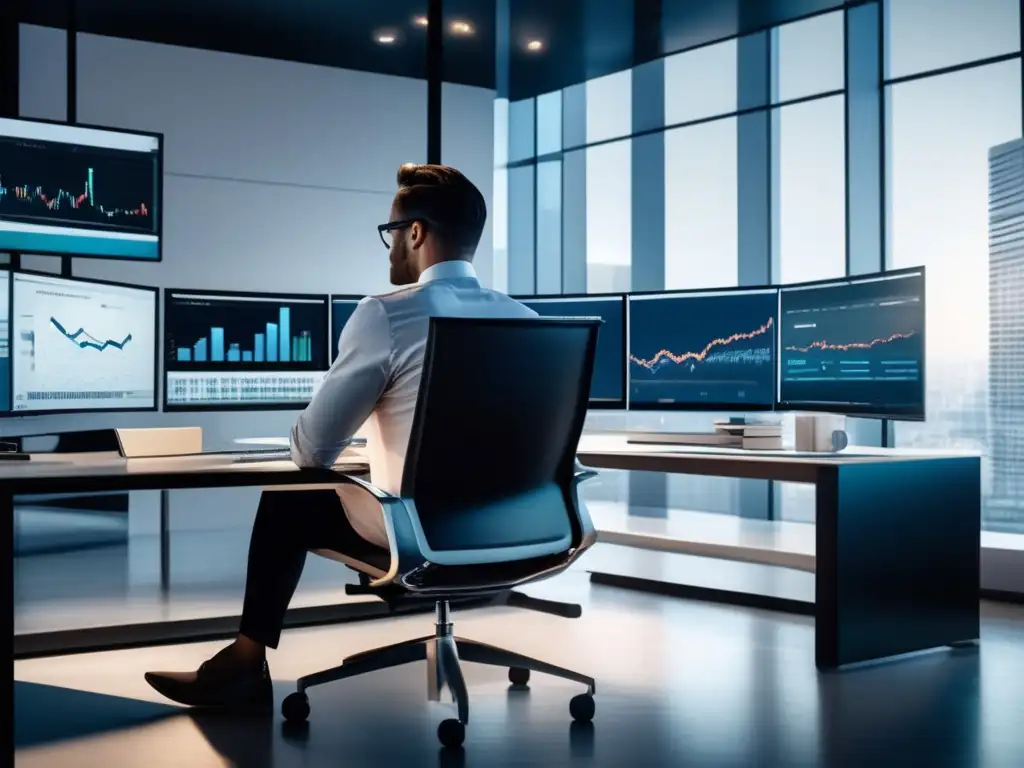 Oficina moderna y profesional Carteras de inversión prácticas en una oficina moderna con paredes de vidrio y mobiliario minimalista