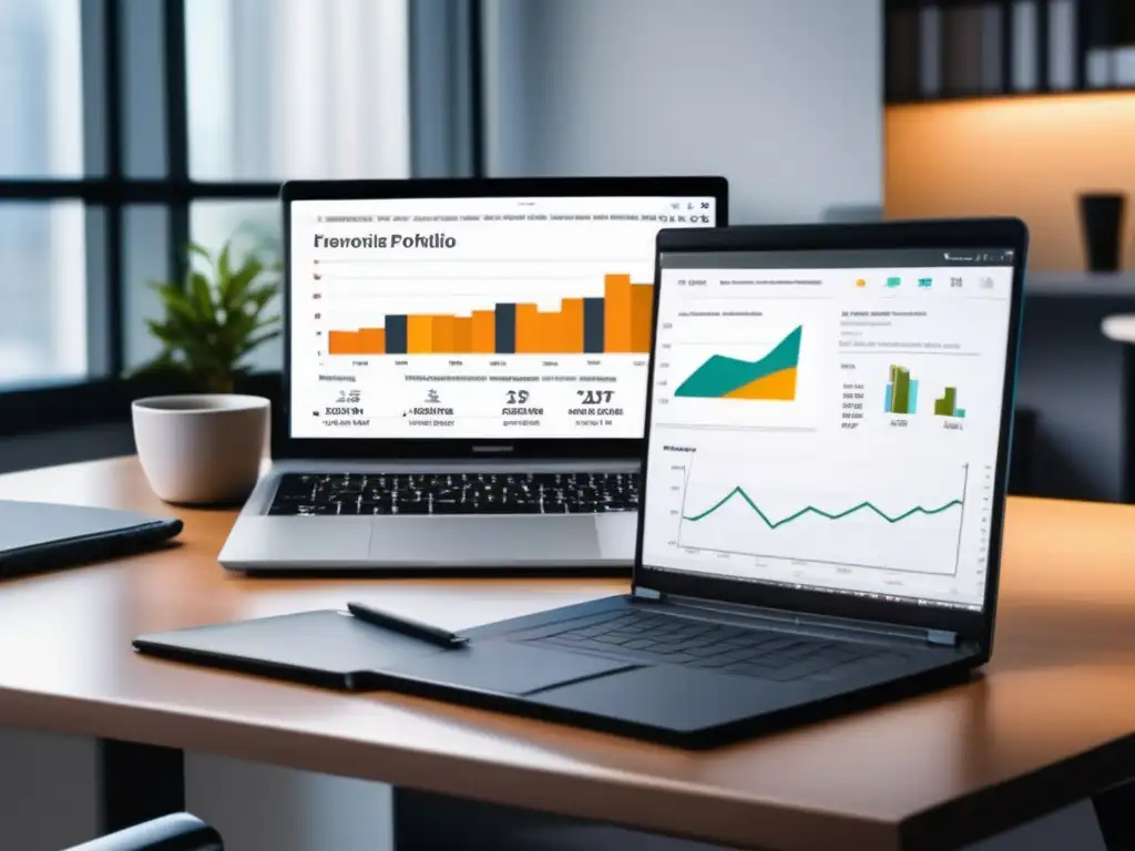 Escritorio moderno con laptop, notas y café Carteras modelo de inversiones prácticas en un entorno profesional
