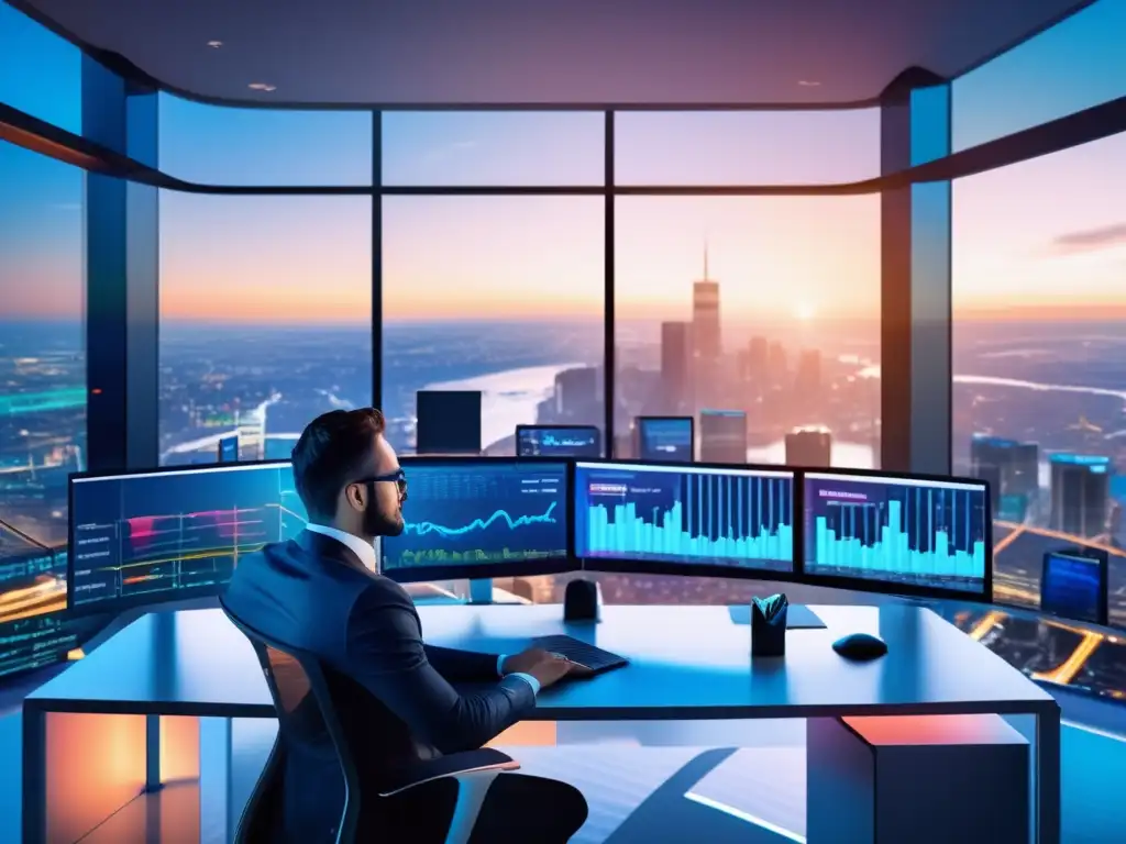 Espacio de trabajo moderno con vista panorámica Carteras modelo de inversiones prácticas en un espacio de trabajo moderno con una elegante mesa de vidrio y una panorámica urbana de fondo