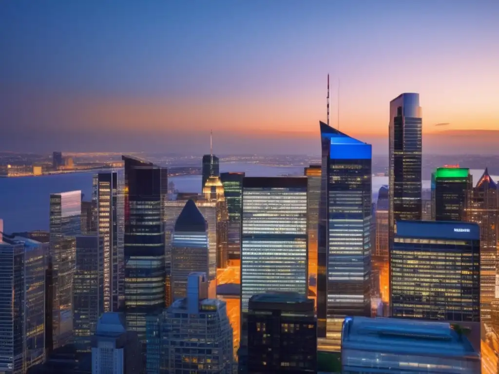 Skyline financiero en la noche Carteras seguras de inversión financiera en una moderna ciudad financiera al atardecer