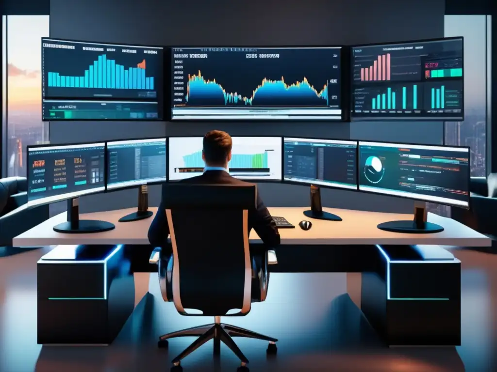 Moderna mesa de trading con vista panorámica Caso éxito Forex: Moderno trading desk, analista profesional, gráficos en tiempo real, vista panorámica, noticias económicas