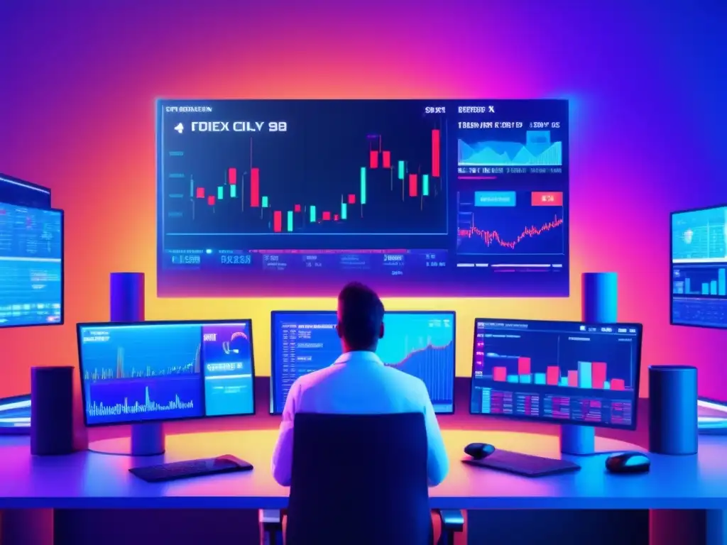 Traders in a futuristic forex market Caso éxito Forex volatilidad: Traders en sala futurista, gráficos vibrantes y determinación reflejan la energía del mercado