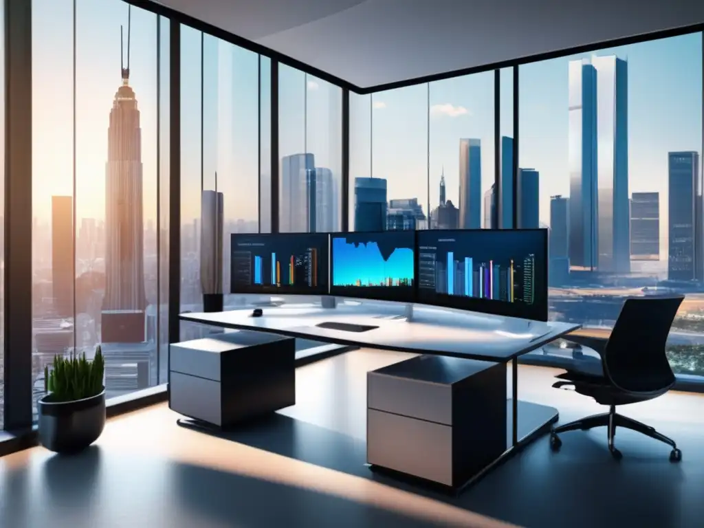 Oficina moderna y exitosa con vista panorámica de la ciudad Casos éxito inversiones tradicionales: moderna oficina con vista panorámica, profesionales trabajando en sus escritorios con gráficos financieros