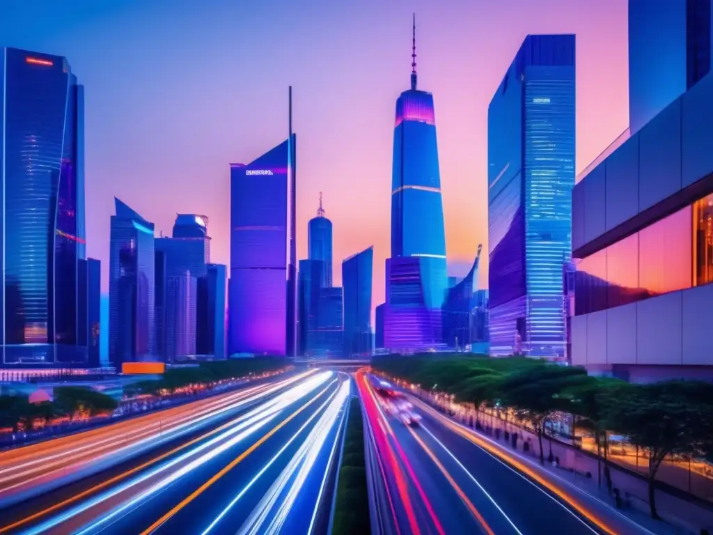 Ciudad moderna en crecimiento Causas éxito mercado inmobiliario: Ciudad moderna a 8k, rascacielos iluminados, vibrante actividad callejera