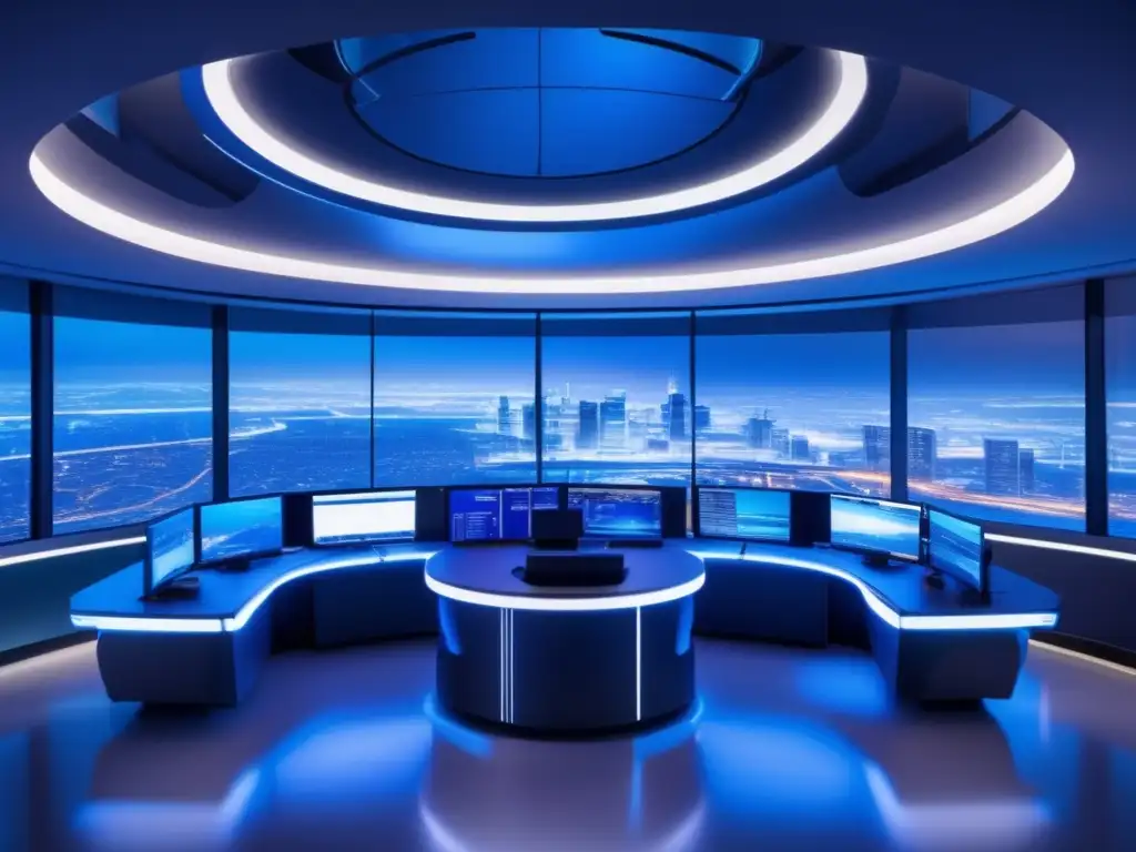 Centro de ciberseguridad futurista Centro de ciberseguridad futurista con vista panorámica nocturna de la ciudad