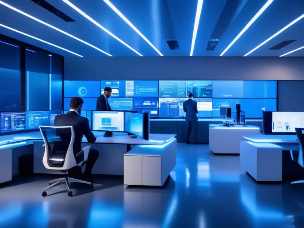 Centro de ciberseguridad moderno y tecnológico Centro de ciberseguridad hightech con profesionales en trajes elegantes trabajando en pantallas futuristas de código