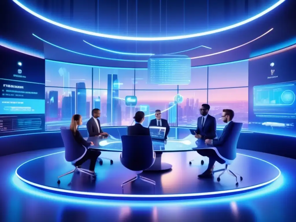Futuro centro financiero con tecnología avanzada Centro de control financiero futurista con tecnología avanzada, IA para detectar fraudes financieros