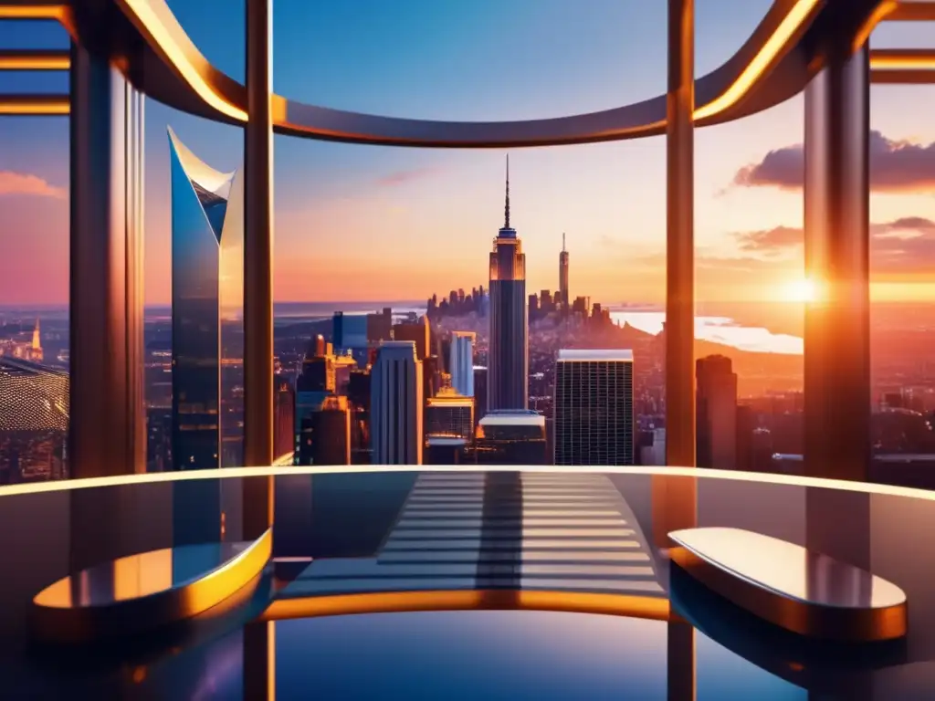 Centro financiero futurista al atardecer Centro financiero futurista en 8k, iluminado por el atardecer dorado