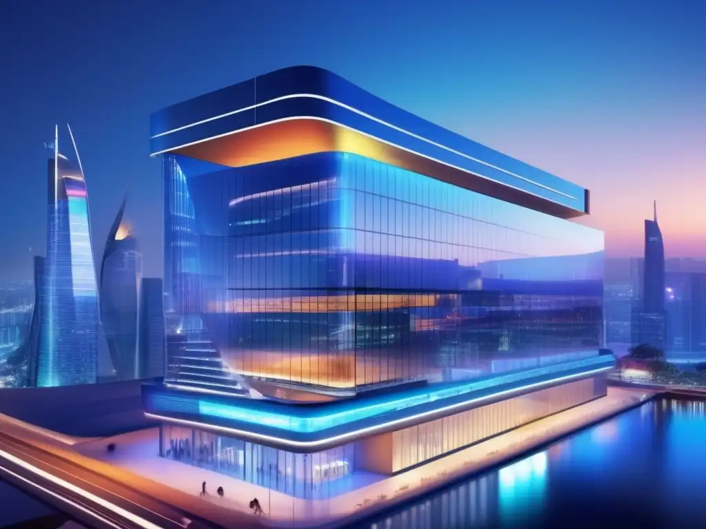 Futuro centro financiero: innovación y tecnología Centro financiero futurista con tecnología y estrategias de diversificación en FinTech