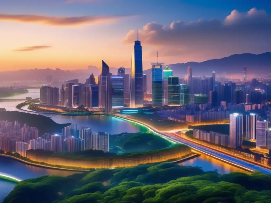 Ciudad futurista con rascacielos verdes Certificaciones ambientales en inversiones: Ciudad futurista con rascacielos verdes y una esfera transparente
