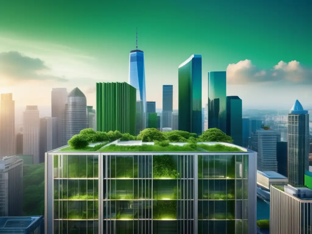 Edificio corporativo con muro verde y ciudad vibrante Certificaciones ambientales en inversiones: imagen de oficina corporativa moderna con muro verde y ciudad vibrante