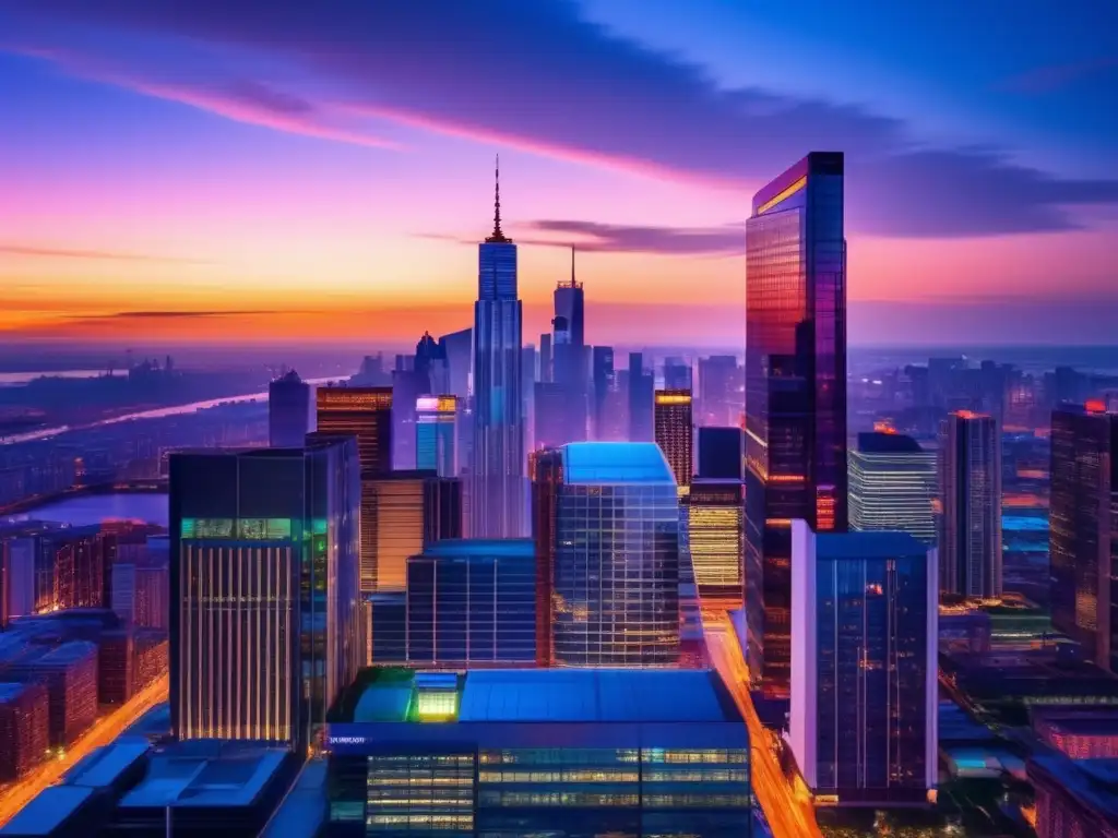 Ciudad moderna al atardecer con rascacielos Certificaciones climáticas para inversiones en una ciudad moderna al atardecer con rascacielos iluminados