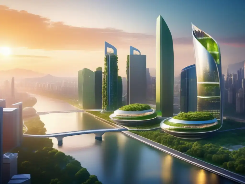 Ciudad futurista sostenible al anochecer Certificaciones climáticas para inversiones: ciudad futurista con rascacielos verdes y energía solar