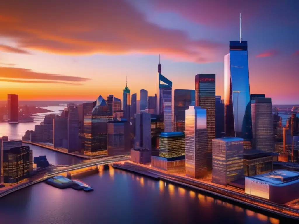 Paisaje financiero moderno al atardecer Certificaciones financieras para inversiones responsables en moderno skyline financiero al atardecer