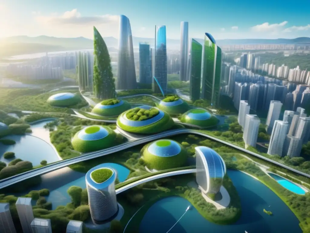 Paisaje sostenible con ciudad futurista Certificaciones de sostenibilidad en cartera: paisaje verde y futurista
