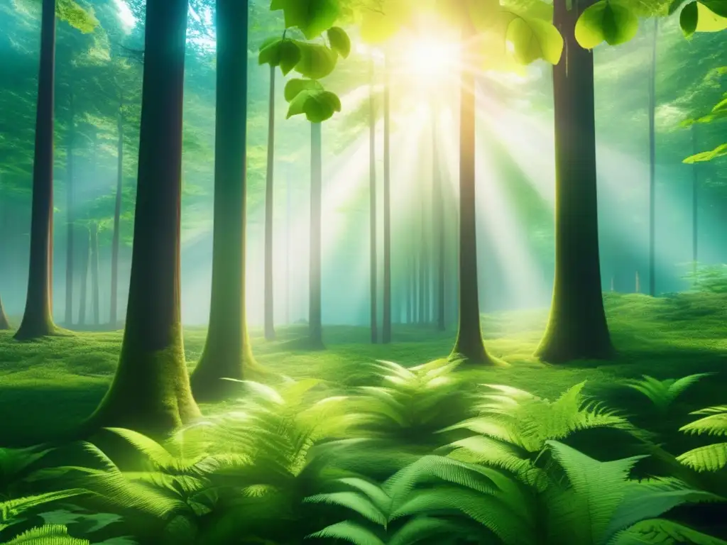 Bosque sostenible con certificaciones Certificaciones sostenibilidad: inversores encuentran camino hacia bosque verde con árboles altos, luz filtrada y colores vibrantes (110 caracteres)