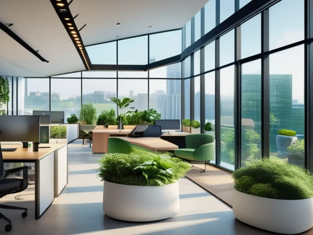 Oficina verde certificada: innovación+sostenibilidad Certificaciones verdes para startups inversores: oficina ecológica con vistas a jardín en la azotea