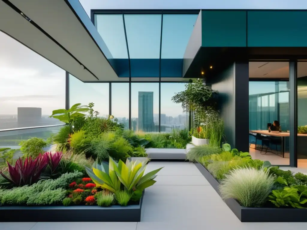 Jardín verde en la azotea con diseño sostenible Certificaciones verdes para startups inversores en un jardín ecológico con diseño moderno y colaborativo