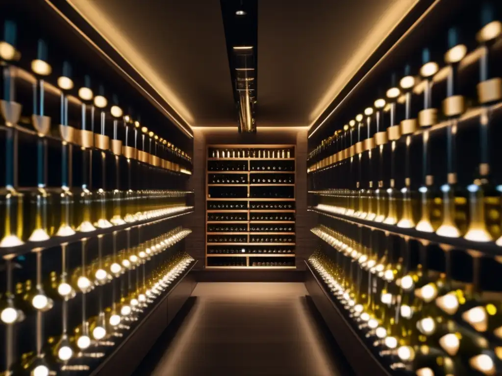 Bodega de champán exquisita Invertir en champagne y espumosos: bodega de lujo con botellas alineadas y elegantes etiquetas, reflejando la exclusividad y valor de la colección