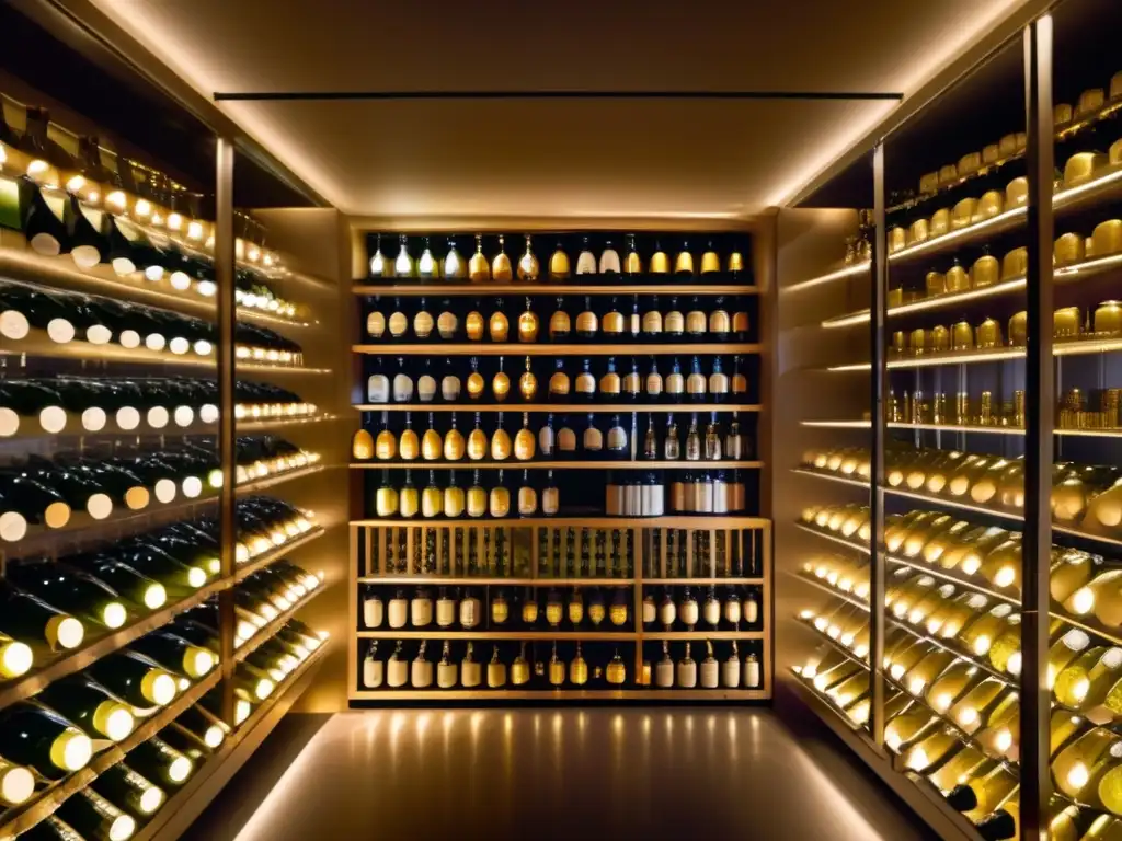 Bodega de champagne moderna con botellas brillantes Invertir en champagne y espumosos: una bodega moderna con botellas de champagne brillantes y ordenadas en estantes de acero inoxidable