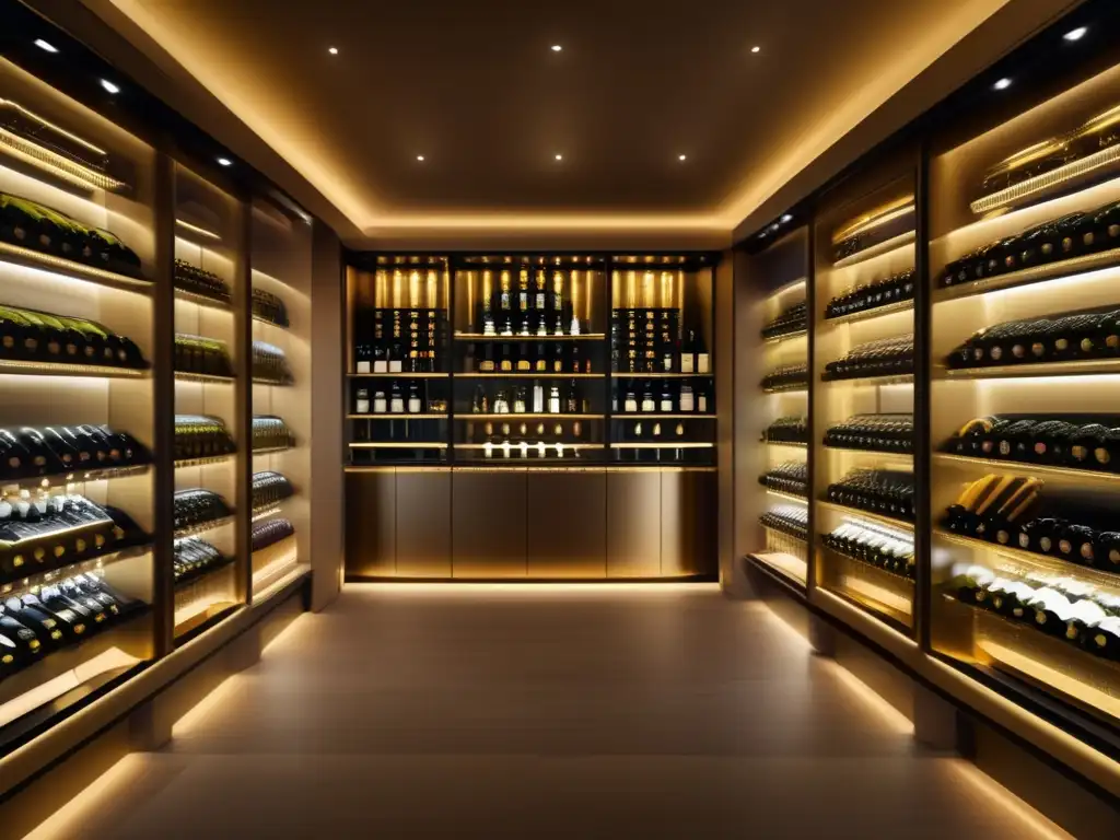 Elegante bodega de vinos con botellas de champagne Invertir en champagne y espumosos en una bodega moderna y elegante con botellas de renombradas marcas y una iluminación ambiental que realza su belleza