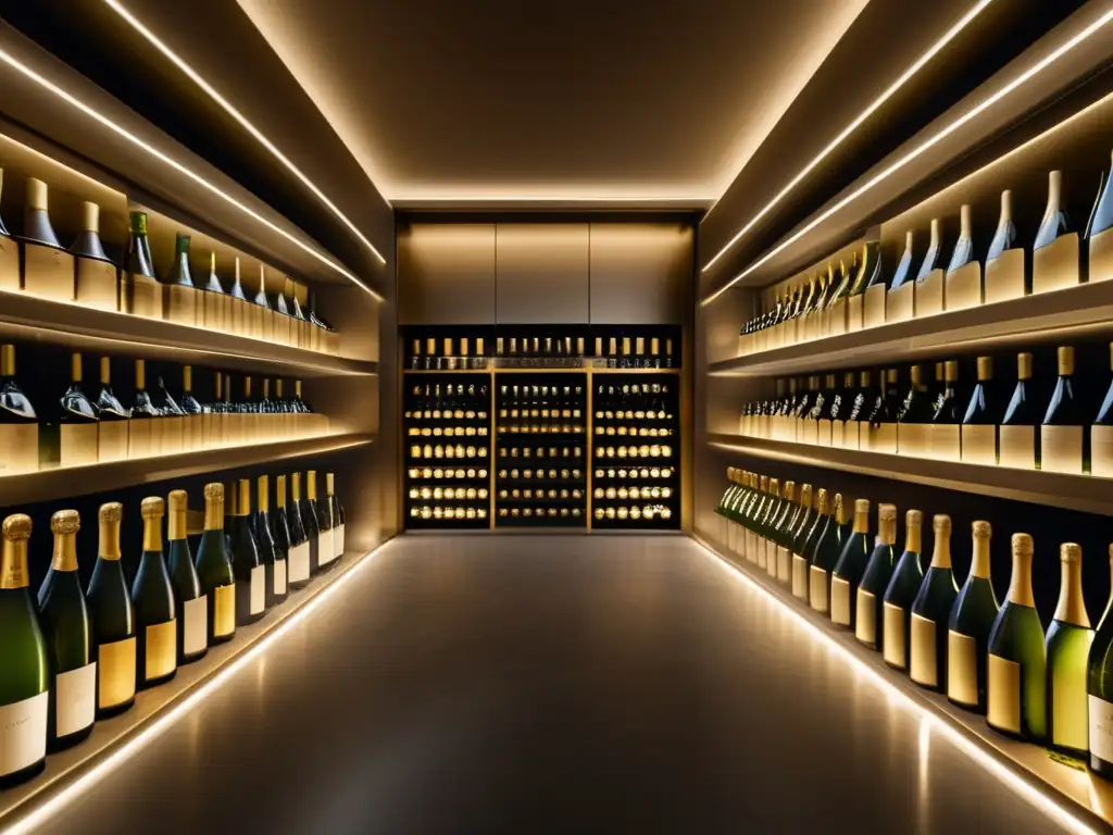 Bodega de champán moderna y elegante Invertir en champagne y espumosos: bodega moderna y elegante con botellas de champagne ordenadas y etiquetas doradas
