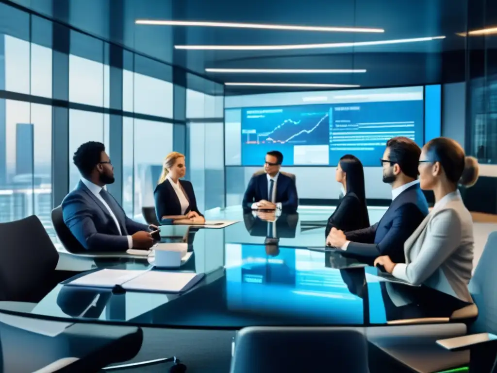 Profesionales discuten ciberseguridad en inversión financiera Ciberriesgos en inversiones financieras en moderna sala de juntas con profesionales enfocados en ciberseguridad