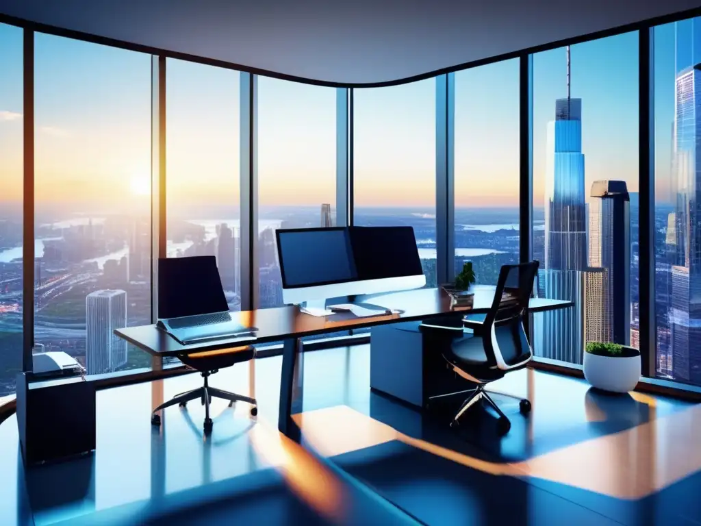 Oficina moderna con vista panorámica Ciberriesgos en inversiones financieras: oficina moderna con vista panorámica del distrito financiero, tecnología avanzada y ambiente profesional
