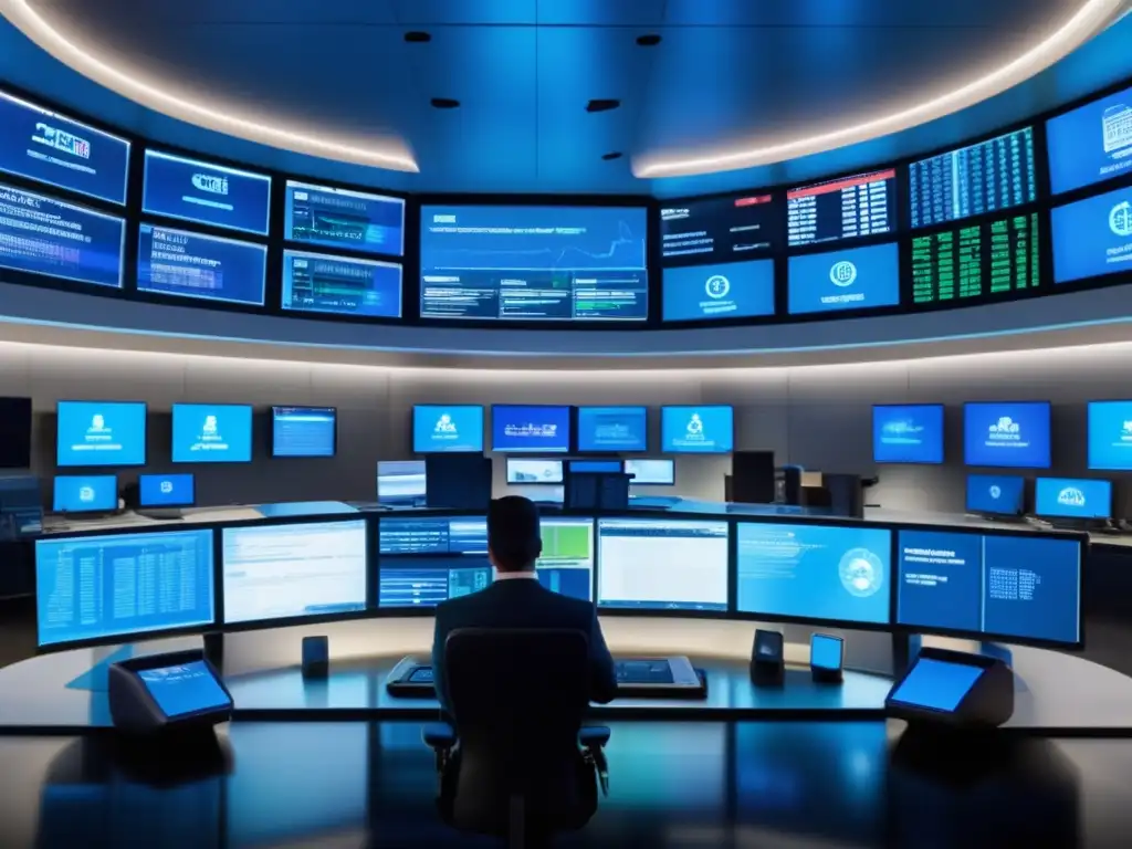 Control de ciberseguridad avanzado Ciberseguridad en inversiones: Control room ultradetallada con profesionales vigilando pantallas de seguridad