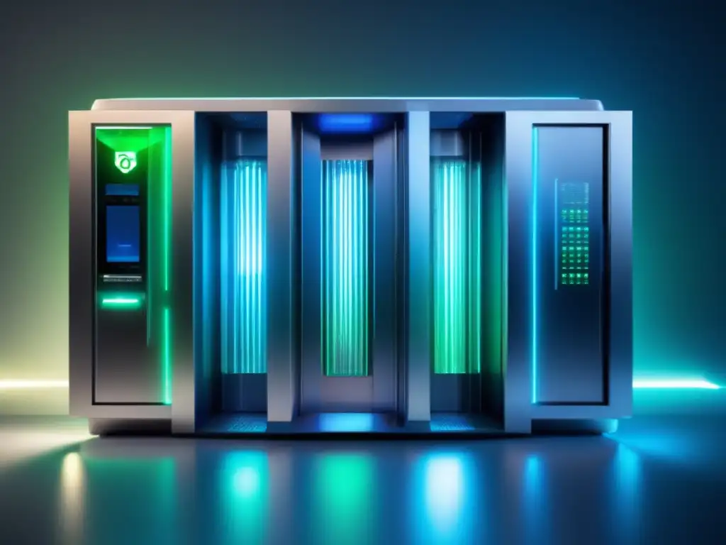 Futurista y seguro: cámara de seguridad y servidores Ciberseguridad en inversiones financieras: moderno y seguro depósito digital con diseño futurista, protección y encriptación de inversiones