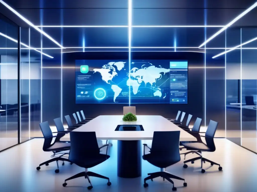 Oficina moderna con sistema de seguridad futurista Ciberseguridad en inversiones financieras: Oficina moderna con salas de conferencias de vidrio, sistema de seguridad futurista y contenido educativo