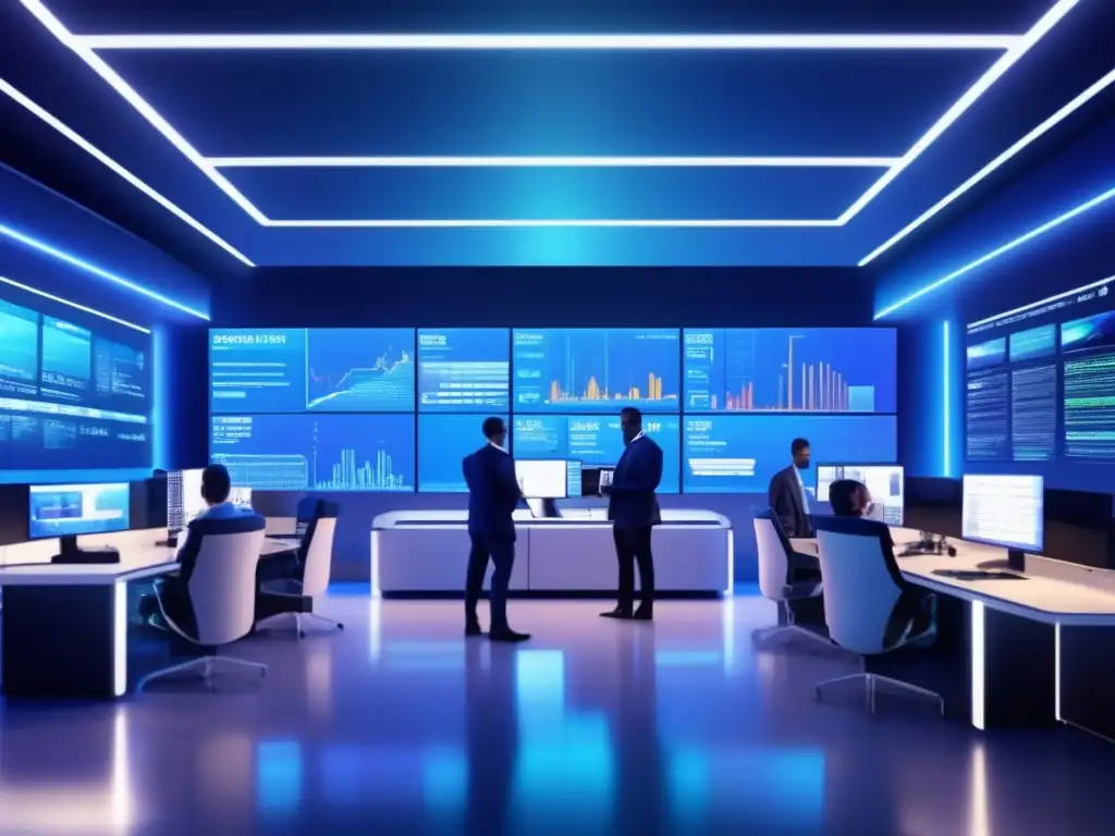 Trading floor futurista con tecnología avanzada Ciberseguridad en trading algorítmico en un entorno futurista