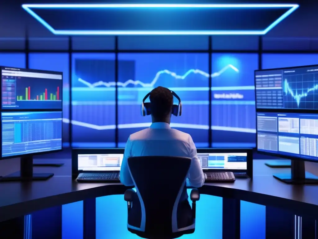 Trading futurista con tecnología avanzada Ciberseguridad en trading algorítmico: Futuro trading floor con traders en realidad virtual, gráficos en pantallas y trader enfocado