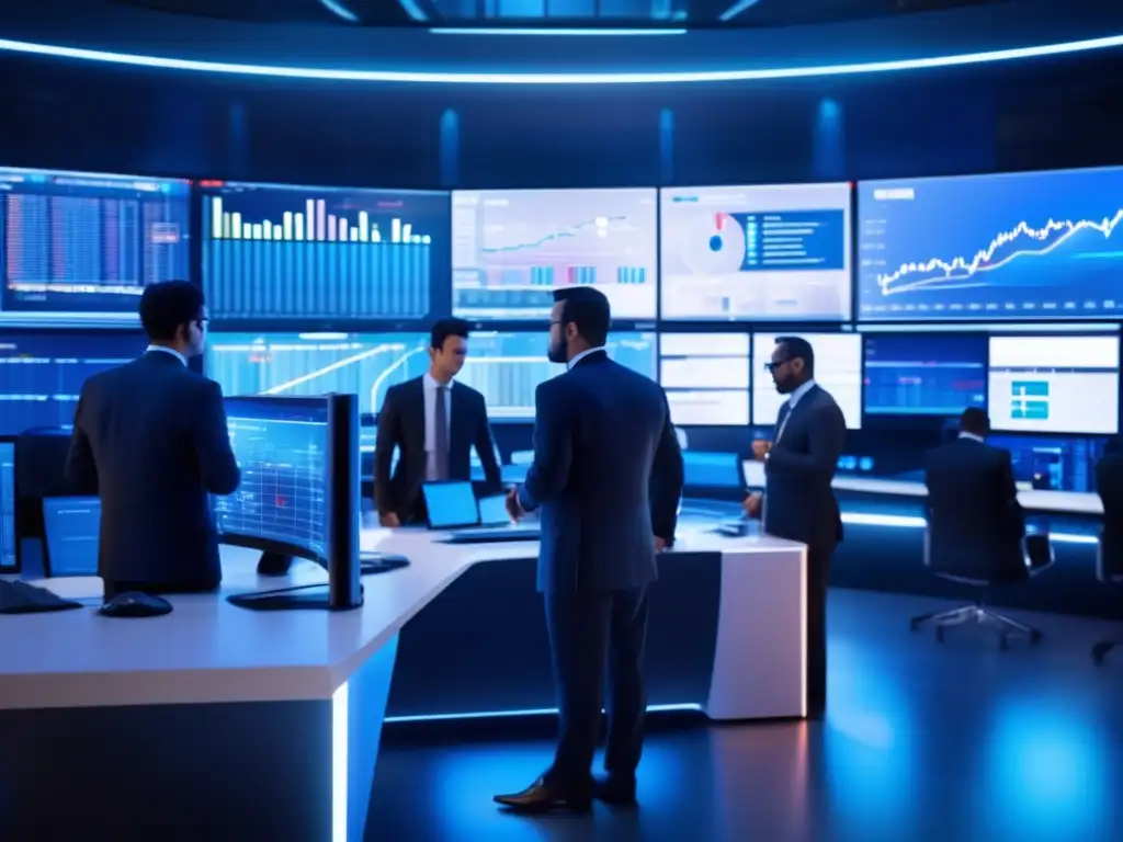 Trading futurista con tecnología avanzada Ciberseguridad en trading algorítmico en una sala futurista con traders analizando datos y haciendo transacciones