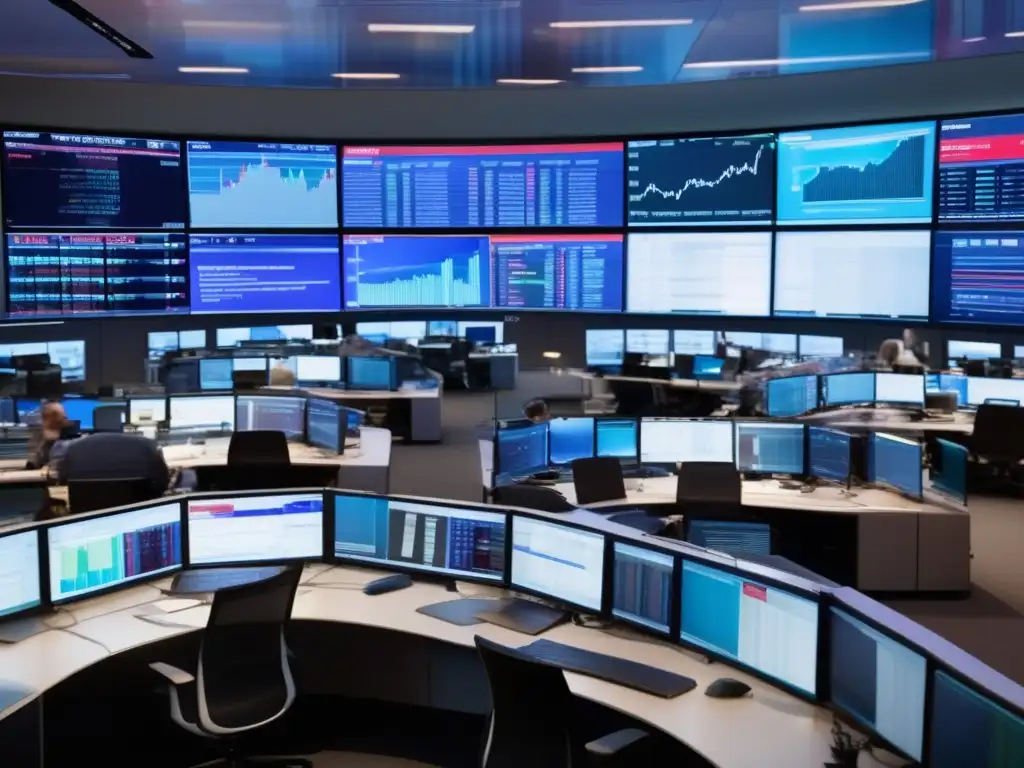 Sala de noticias financieras en acción Ciclo de noticias financieras en una sala de redacción moderna y dinámica