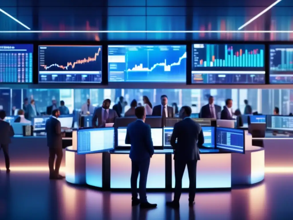Trading floor moderno y energético Ciclo de noticias financieras en una vibrante sala de operaciones con traders y tecnología avanzada