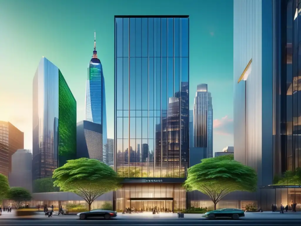 Ciclos del mercado inmobiliario comercial Ciclos mercado propiedades comerciales: Imagen 8k detallada muestra edificio moderno con ventanales y skyline urbano reflejados