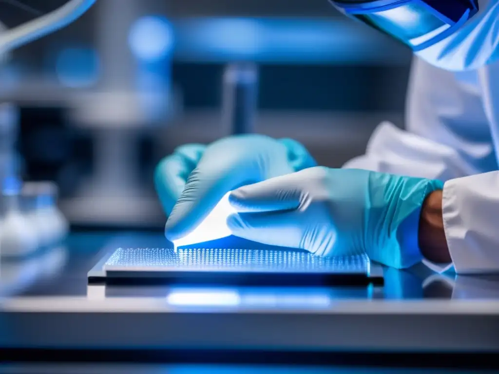 Científico manipulando nanodispositivo en laboratorio Científico manipulando dispositivo nano y laboratorio de alta tecnología