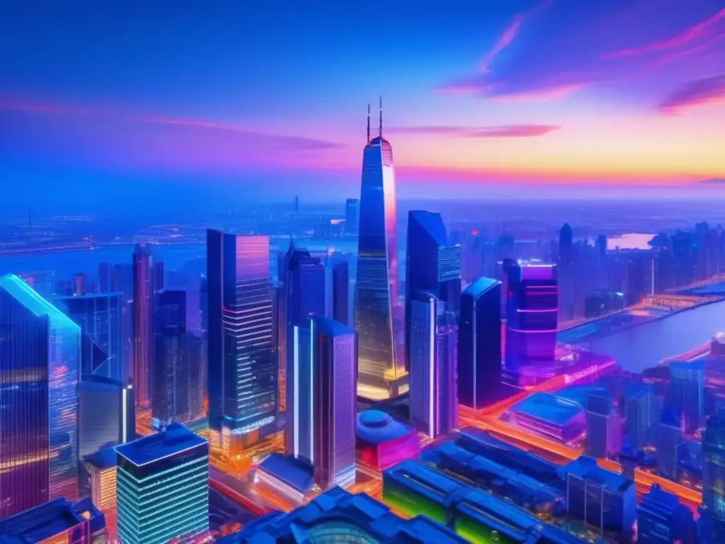Ciudad futurista: inversión cripto Cityscape moderna con rascacielos futuristas y personas discutiendo criptomonedas: Criptomonedas: riesgos y oportunidades