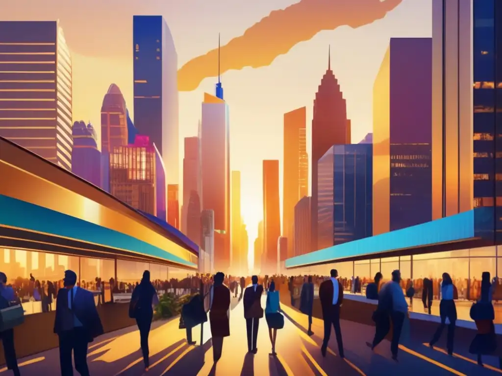 Ciudad moderna iluminada por atardecer dorado Cityscape moderna con rascacielos, reflejo dorado del atardecer
