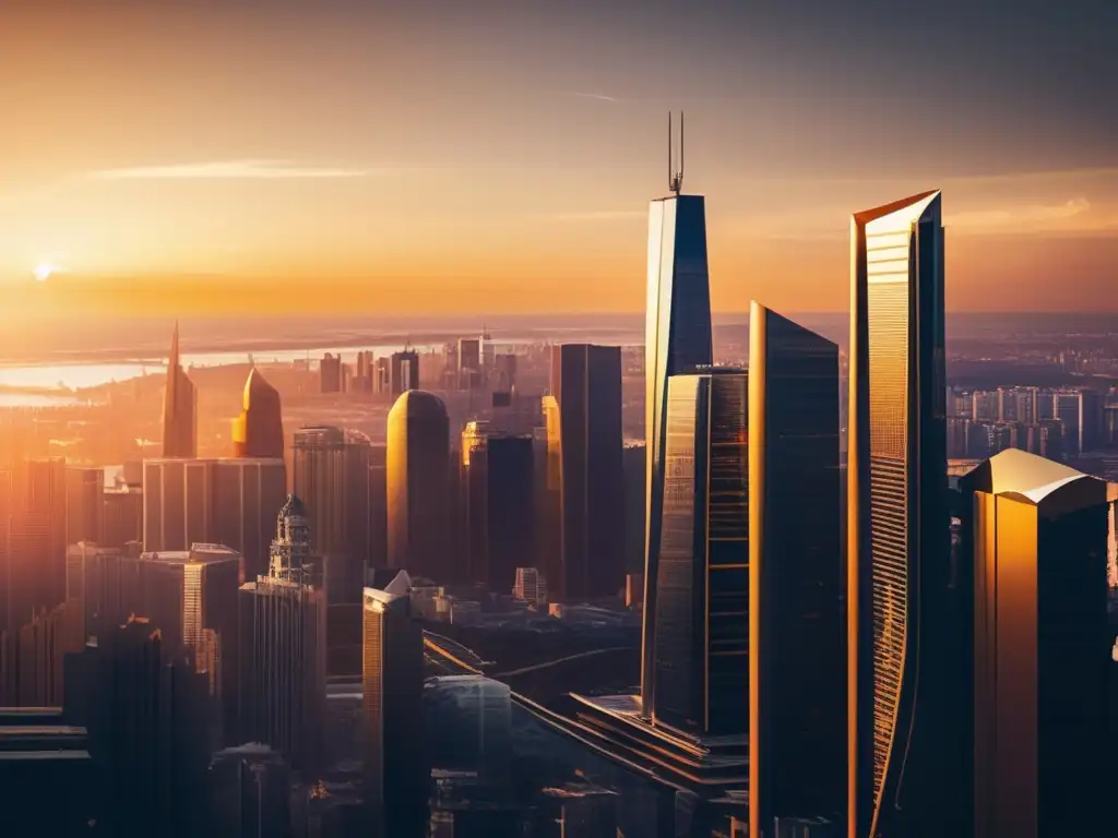 Ciudad moderna con atardecer dorado Cityscape con inversión y gestión de riesgos en inversiones