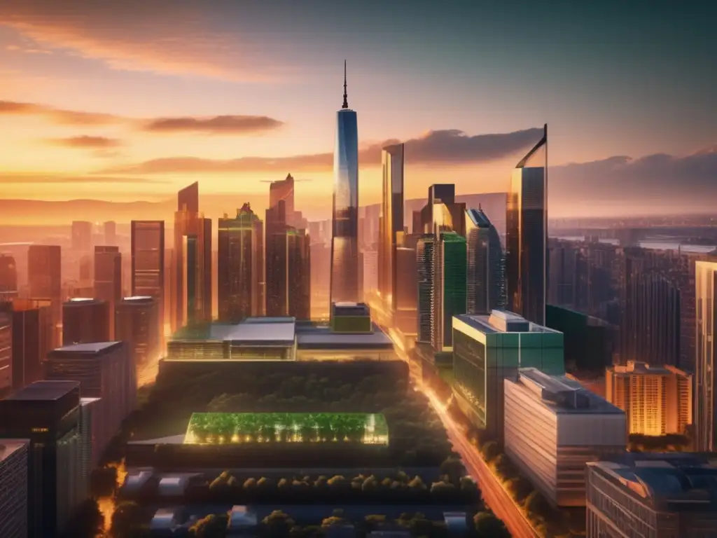 Ciudad moderna en dorado atardecer Cityscape urbano: arquitectura moderna, éxito mercado inmobiliario, skyline vibrante al atardecer