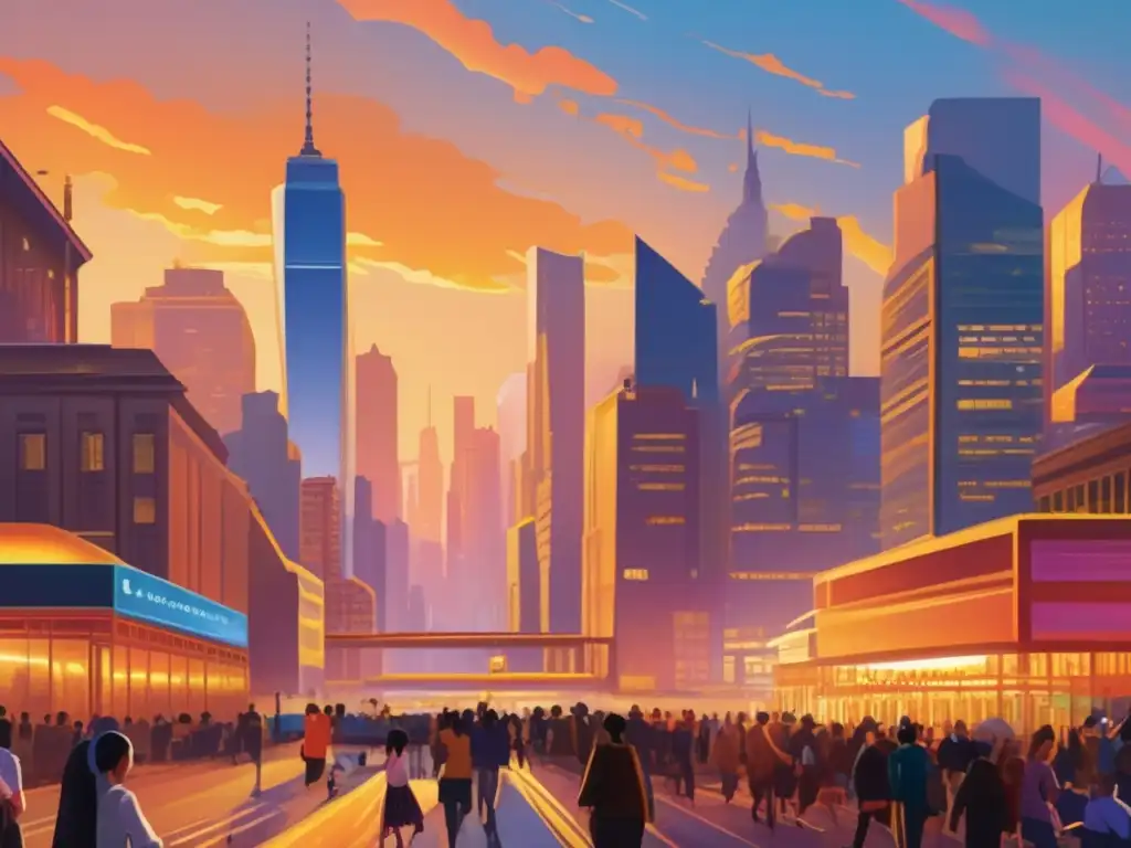 Ciudad vibrante al atardecer Ciudad animada al anochecer con rascacielos, luces y gente, simbolizando la bolsa y el mito de hacerse rico rápidamente